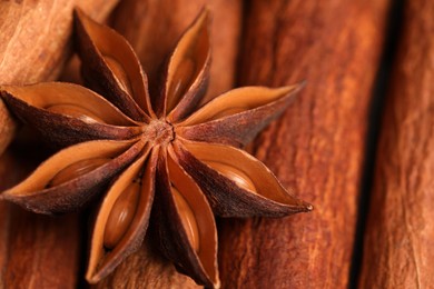 Photo of Aromatic anise star on cinnamon sticks as background, closeup