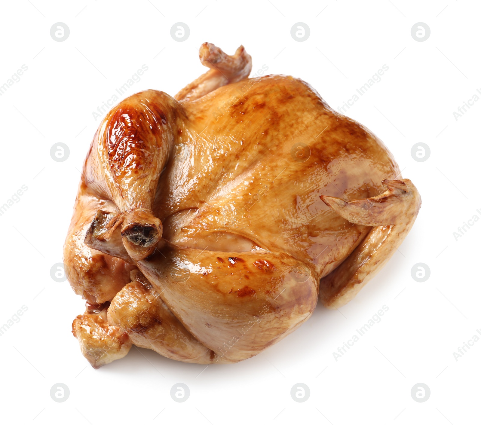 Photo of One tasty roasted chicken isolated on white