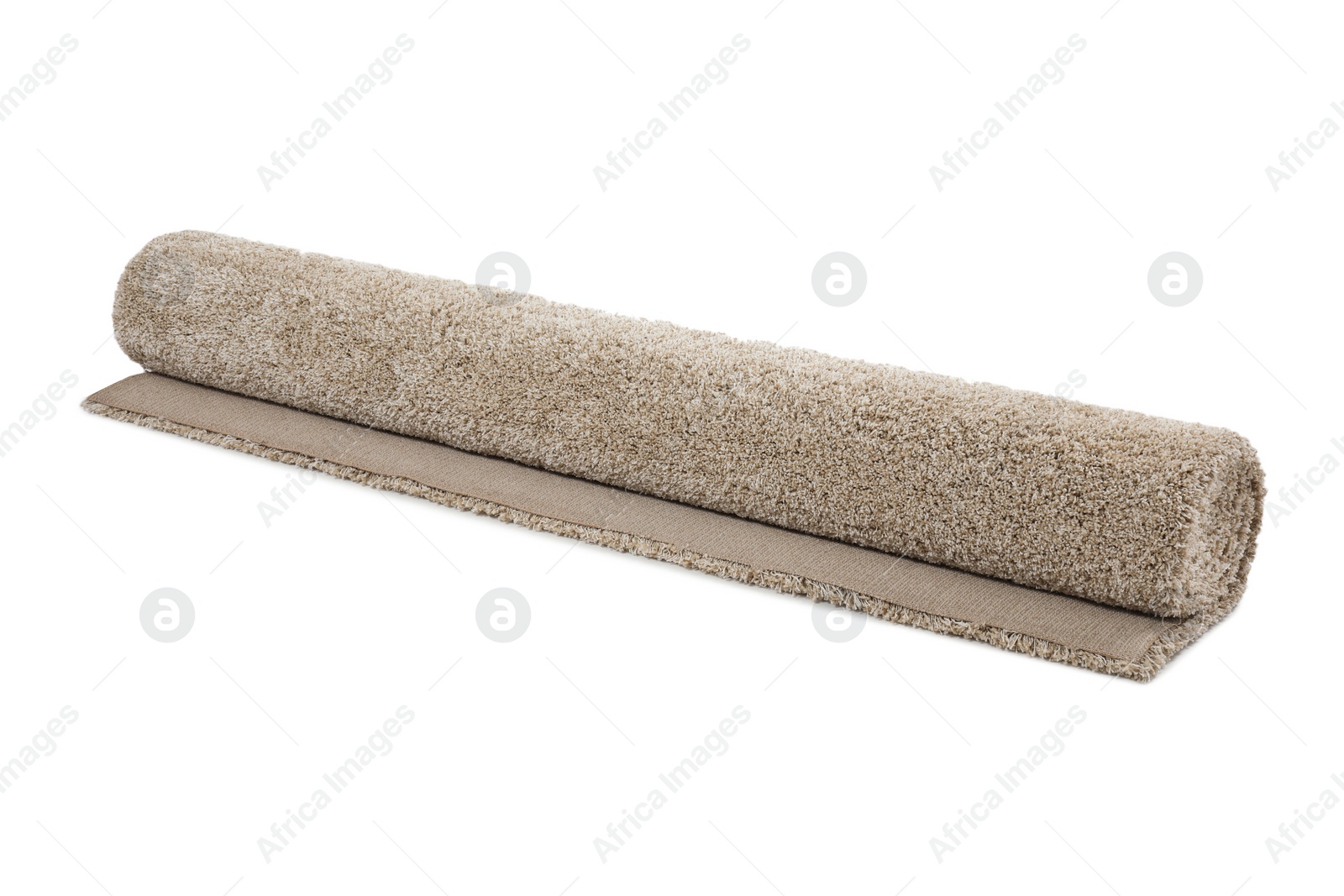 Photo of Rolled fuzzy carpet on white background. Interior element