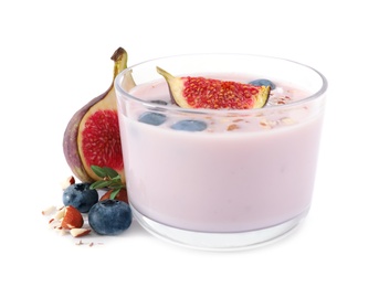 Photo of Delicious fig smoothie and ingredients on white background