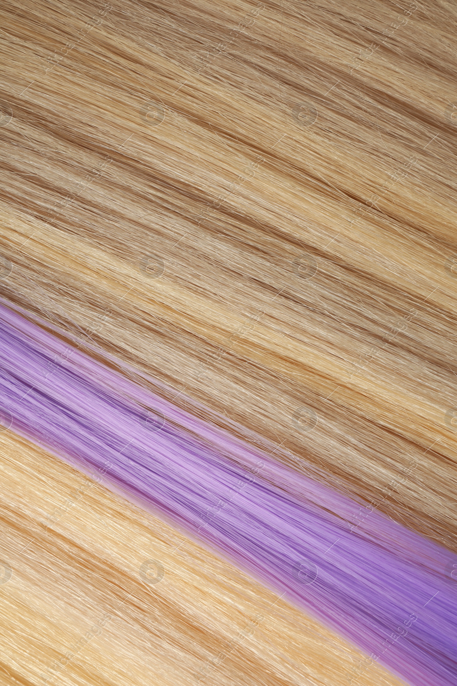 Photo of Strands of blond and violet hair as background, closeup