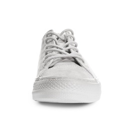 Photo of Stylish sneaker on white background. Trendy footwear