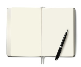 Photo of Open blank notebook with pen isolated on white, top view