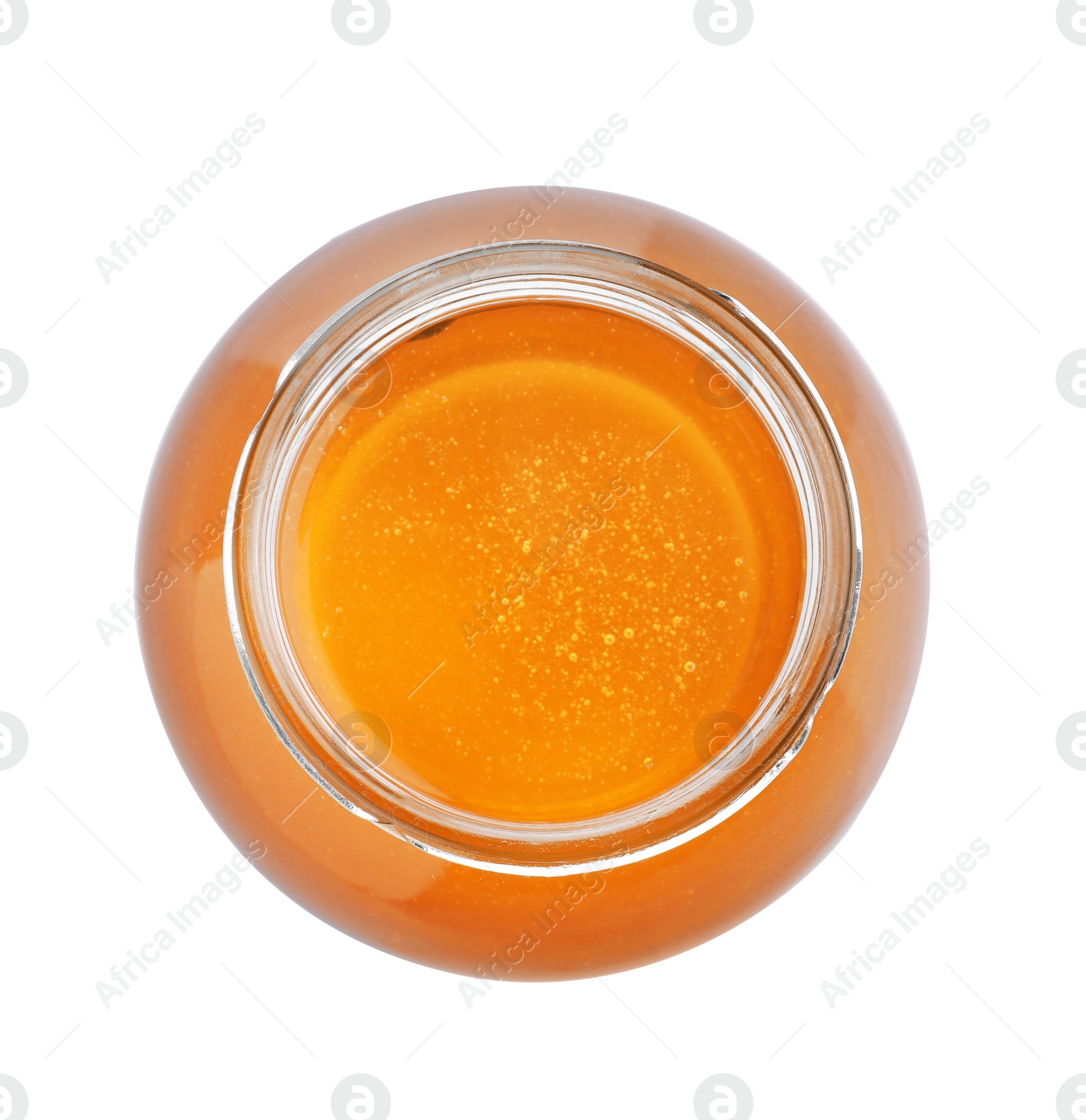 Photo of Jar of organic honey isolated on white, top view