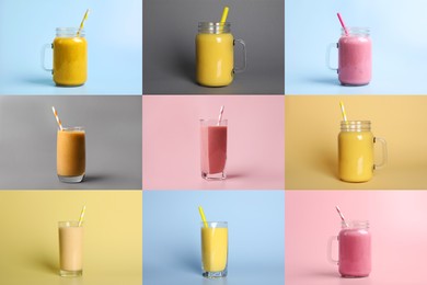 Image of Collage with various smoothies on different color backgrounds