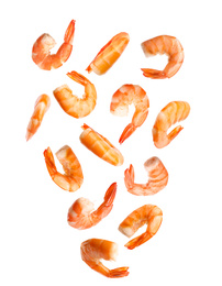 Image of Falling delicious freshly cooked shrimps on white background