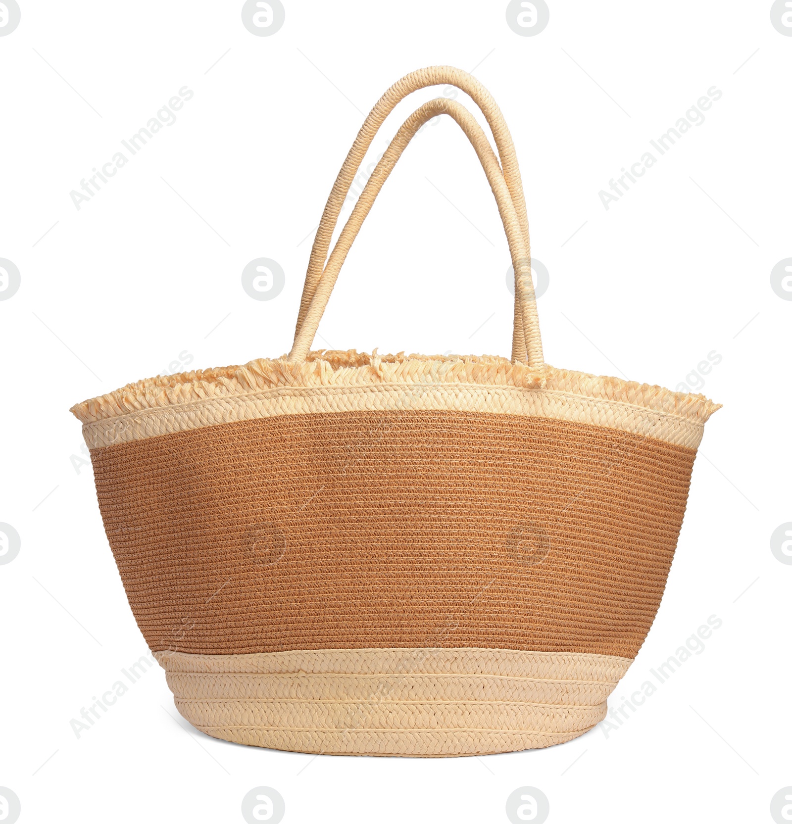 Photo of Stylish straw bag isolated on white. Beach object