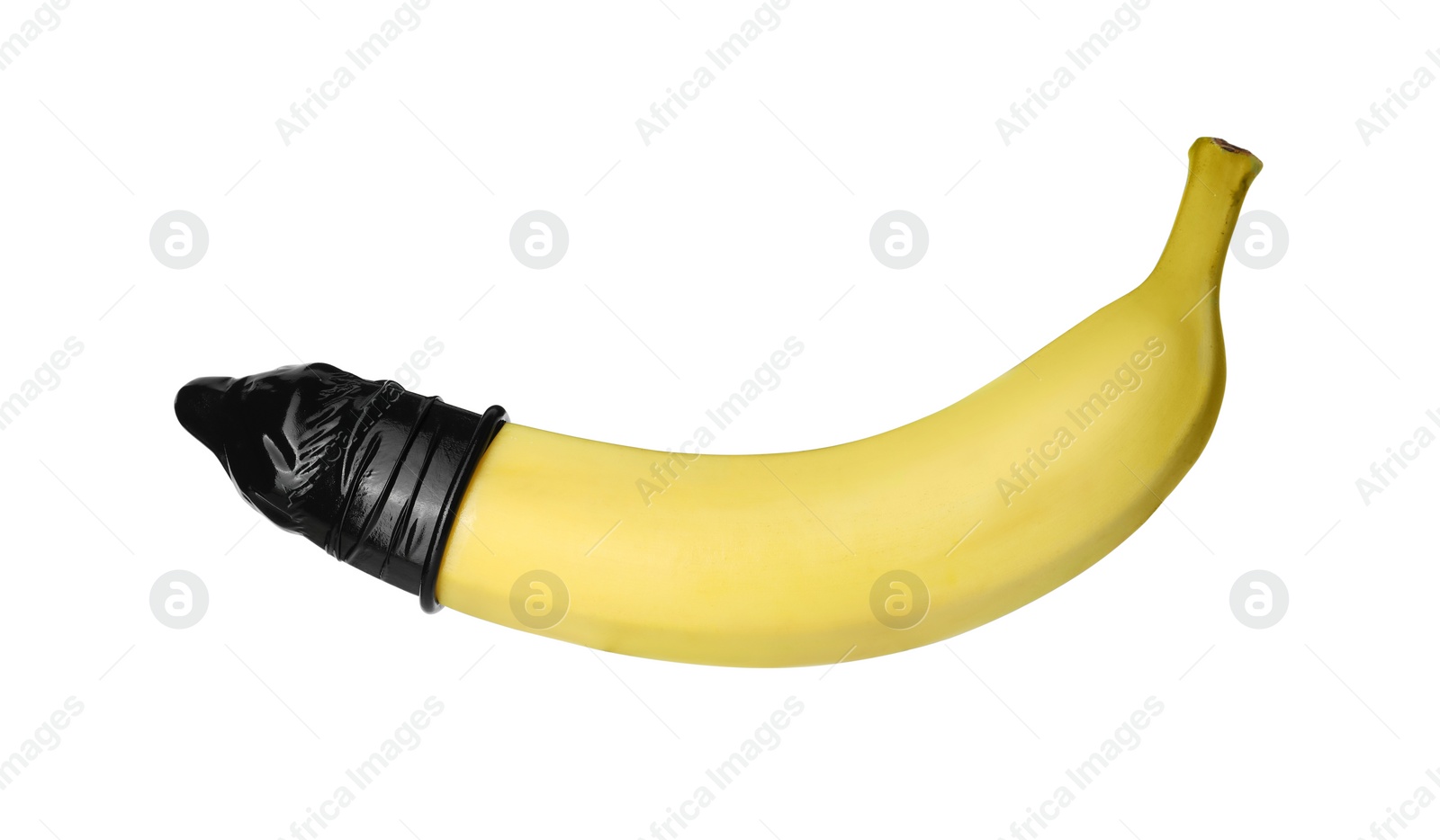 Photo of Banana with condom isolated on white. Safe sex concept