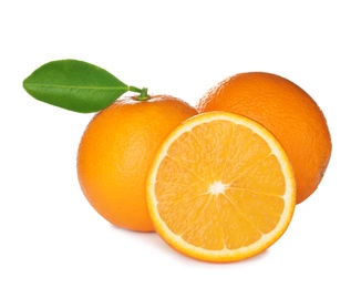 Photo of Fresh ripe oranges isolated on white. Citrus fruit