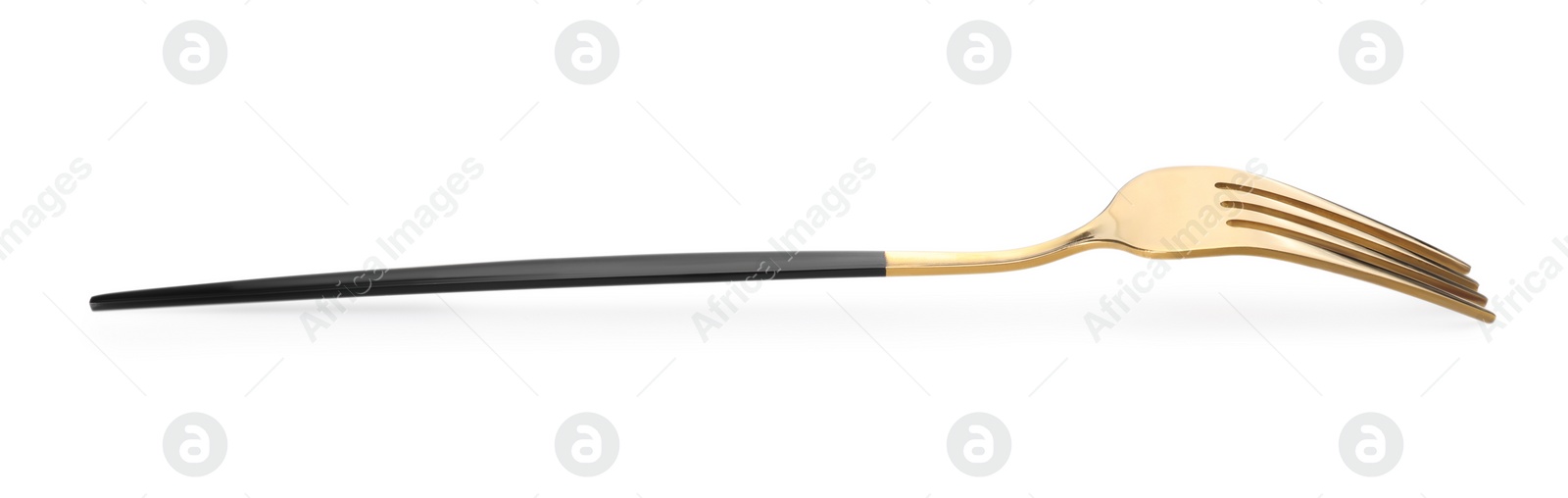 Photo of One shiny golden fork with black handle isolated on white