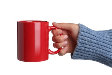 Photo of Woman holding red mug on white background, closeup