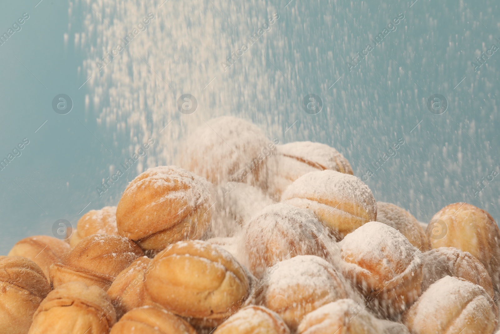 Photo of Sprinkling powdered sugar onto freshly baked walnut shaped cookies against light blue background, closeup. Homemade pastry filled with caramelized condensed milk