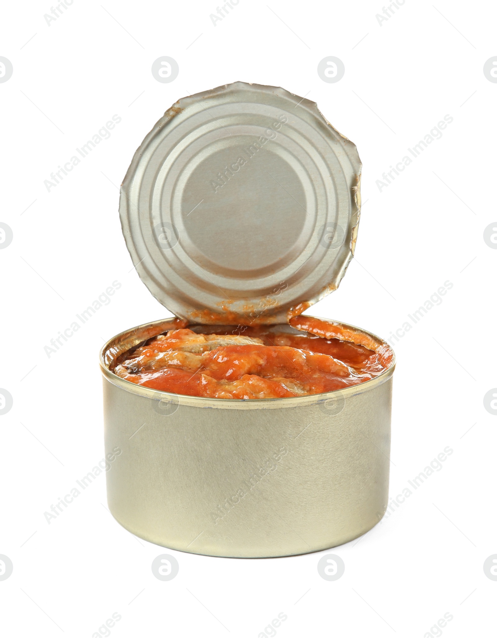 Photo of Open tin can of fish in tomato sauce isolated on white