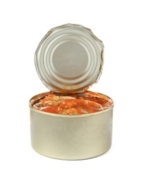 Photo of Open tin can of fish in tomato sauce isolated on white