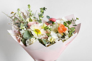 Photo of Bouquet of beautiful flowers on white background, closeup