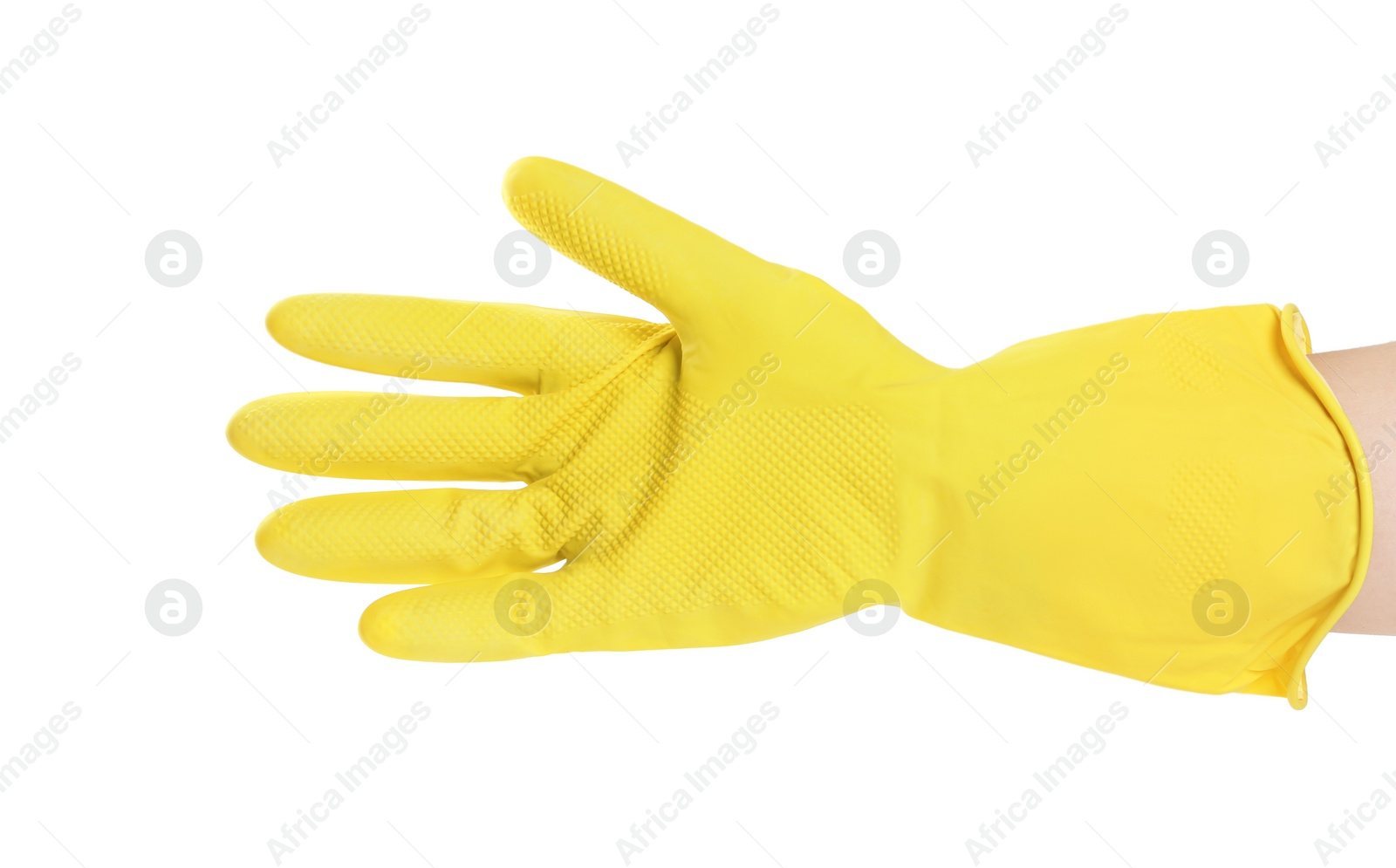 Photo of Person in rubber glove on white background, closeup of hand