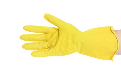 Photo of Person in rubber glove on white background, closeup of hand