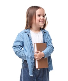 Photo of Cute little girl with book on white background