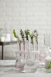 Natural ingredients and laboratory glassware for organic cosmetic product on white marble table