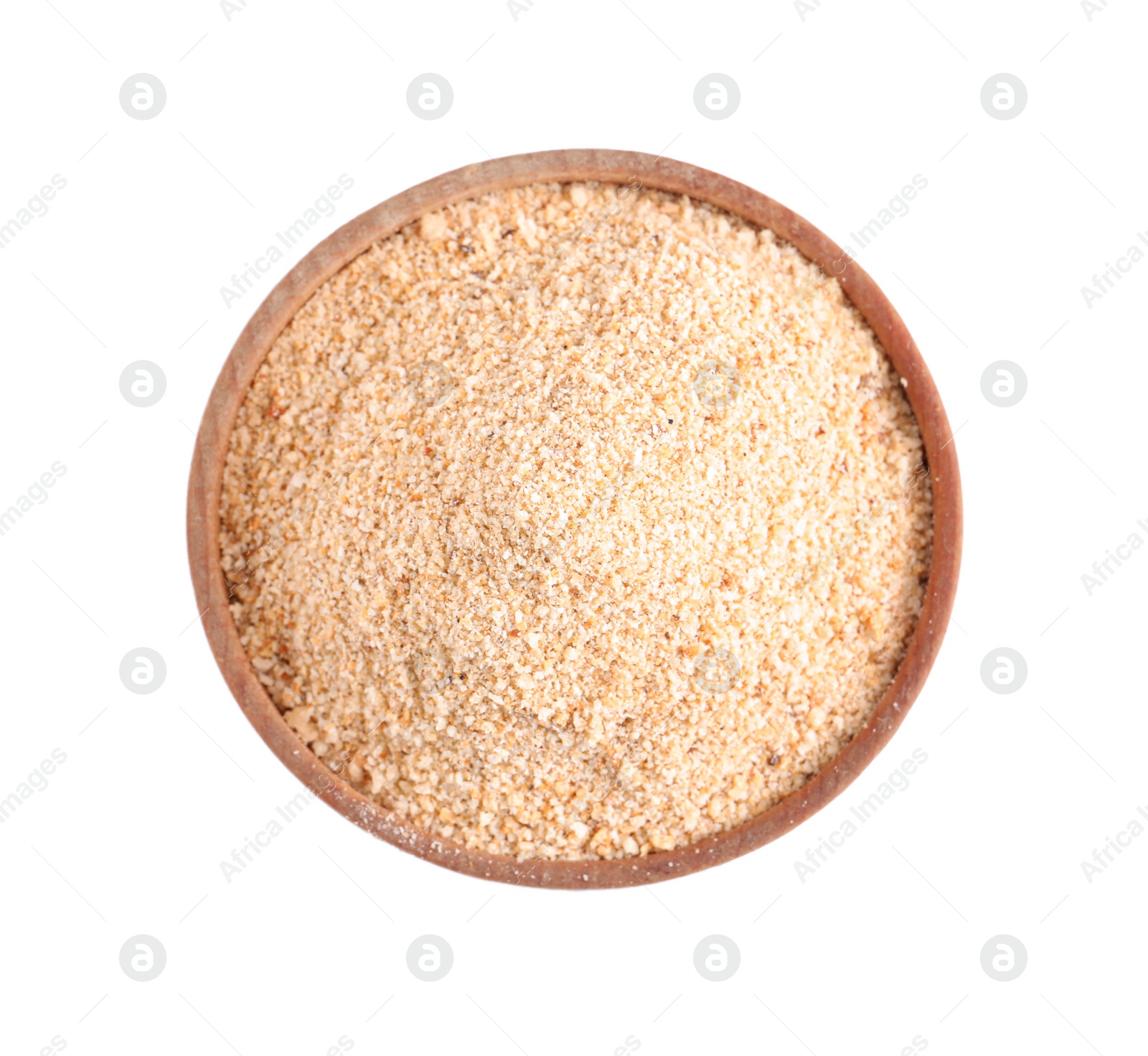 Photo of Fresh bread crumbs in wooden bowl isolated on white, top view