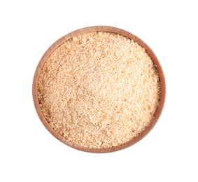 Fresh bread crumbs in wooden bowl isolated on white, top view