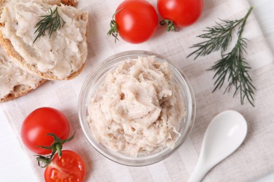 Delicious lard spread and tomatoes on table, flat lay
