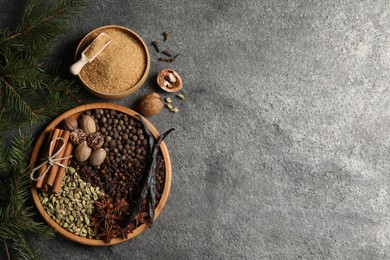 Different spices, nuts and fir branches on gray textured table, flat lay. Space for text