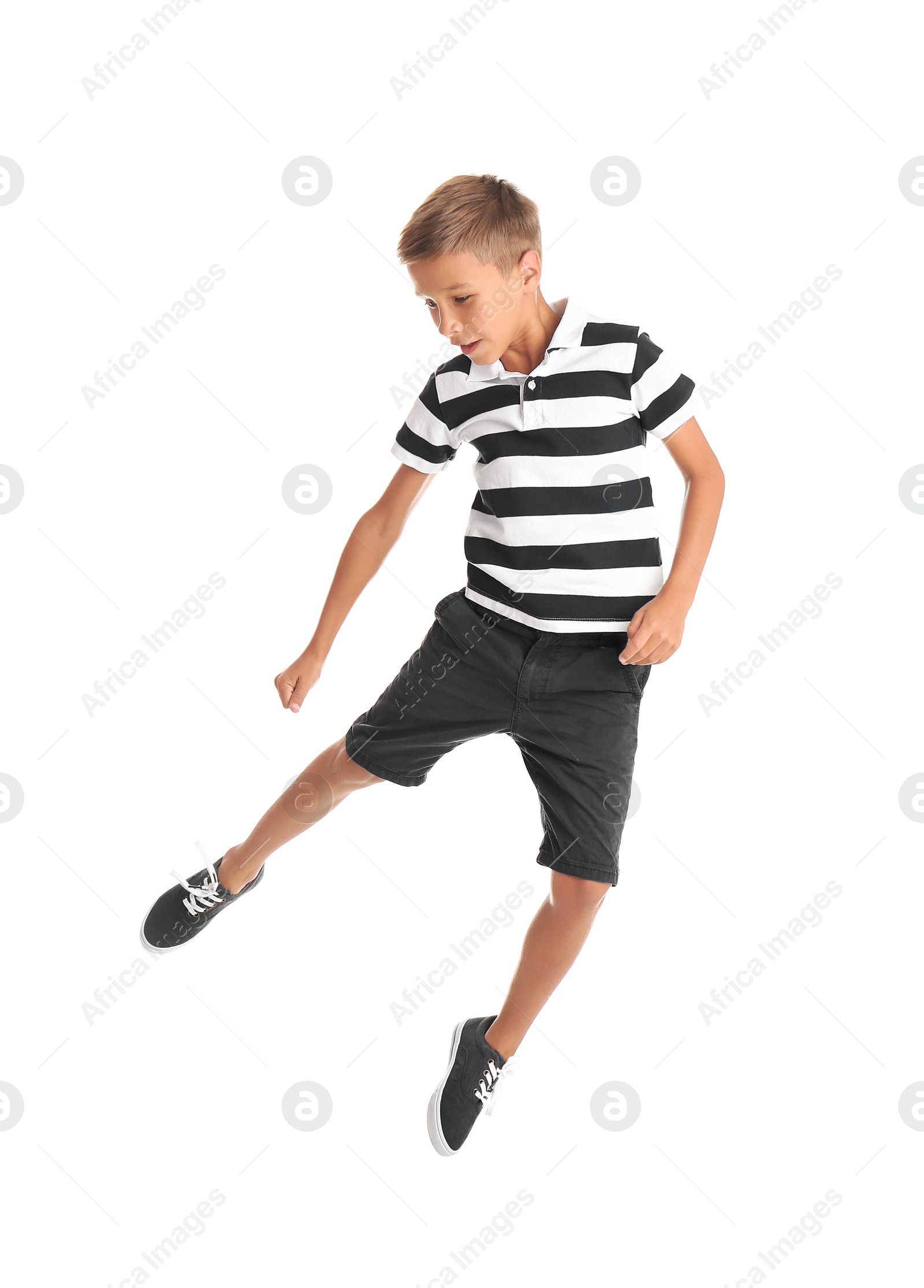 Photo of Adorable little boy in casual clothes on white background