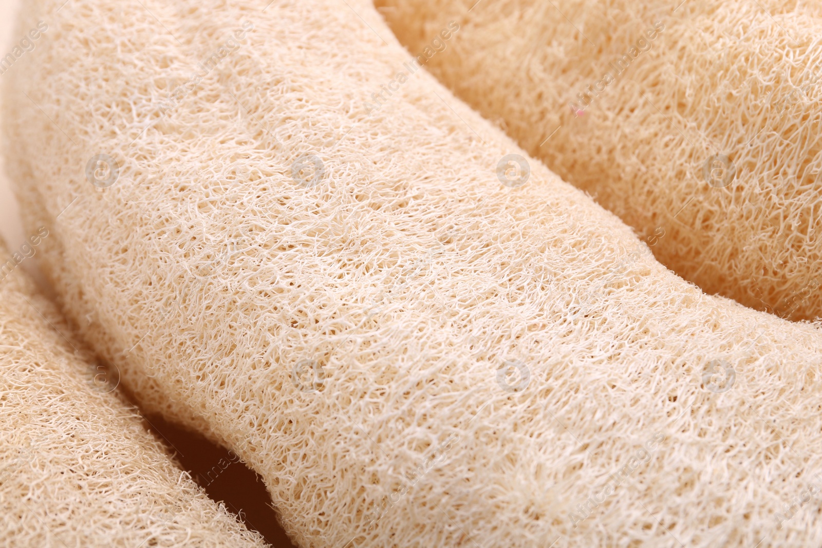 Photo of Natural loofah sponges as background, closeup view