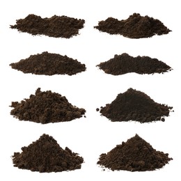 Set with piles of fertile soil on white background