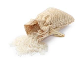 Photo of Raw basmati rice and overturned sack isolated on white