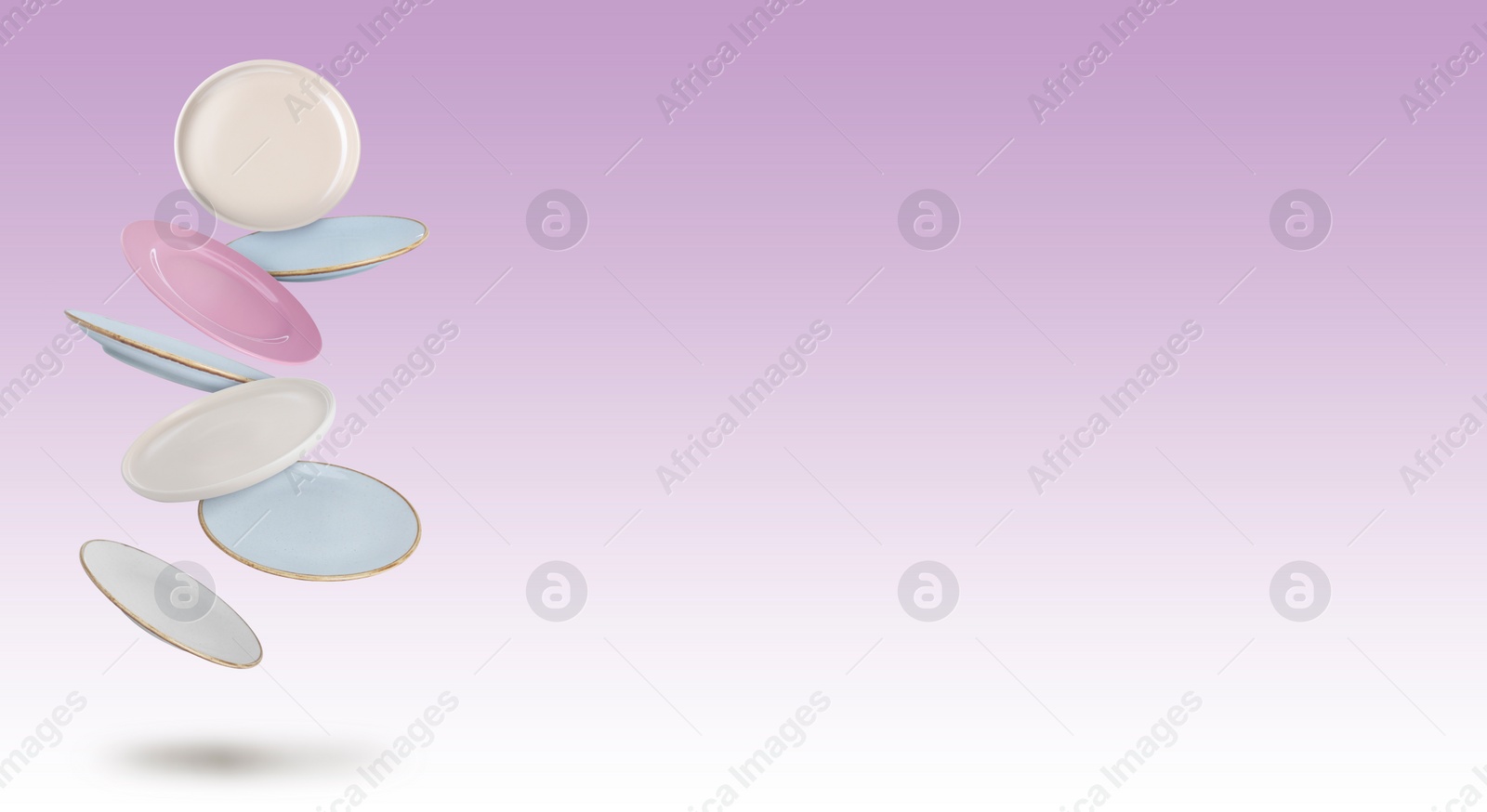 Image of Many different plates falling on pastel light violet gradient background, space for text. Banner design