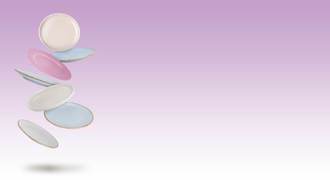 Image of Many different plates falling on pastel light violet gradient background, space for text. Banner design