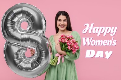 Image of Happy Women's Day - March 8. Attractive lady holding flowers and foil balloon in shape of number 8 on pink background