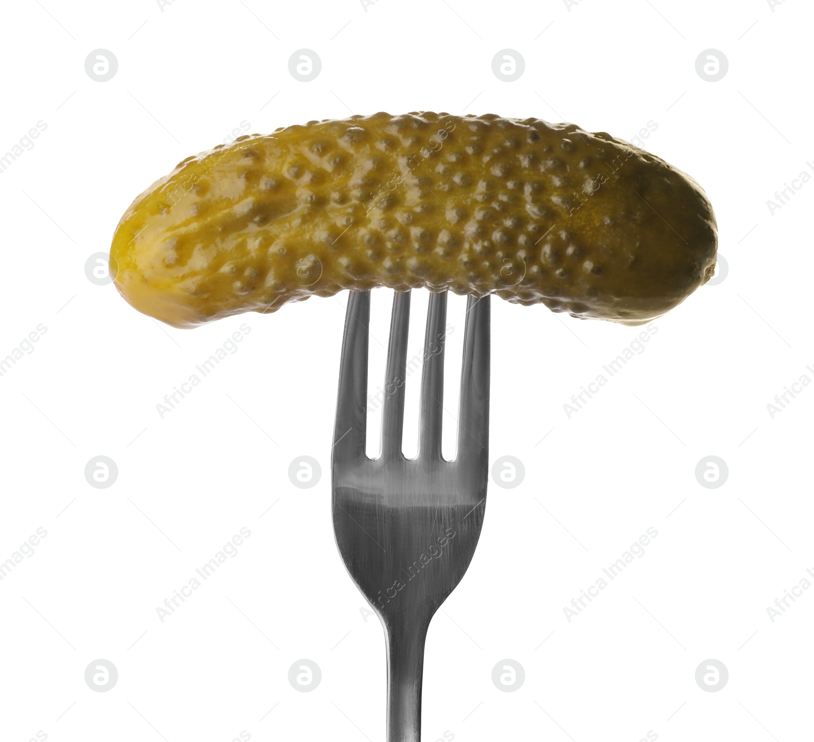 Photo of Fork with tasty pickled cucumber isolated on white