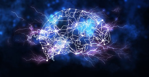 Illustration of  human brain on dark background. Banner design