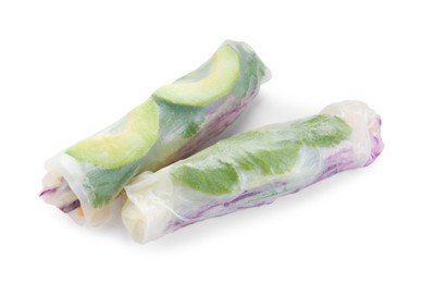 Delicious spring rolls wrapped in rice paper isolated on white