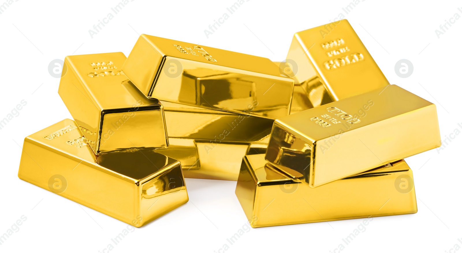 Photo of Many shiny gold bars isolated on white