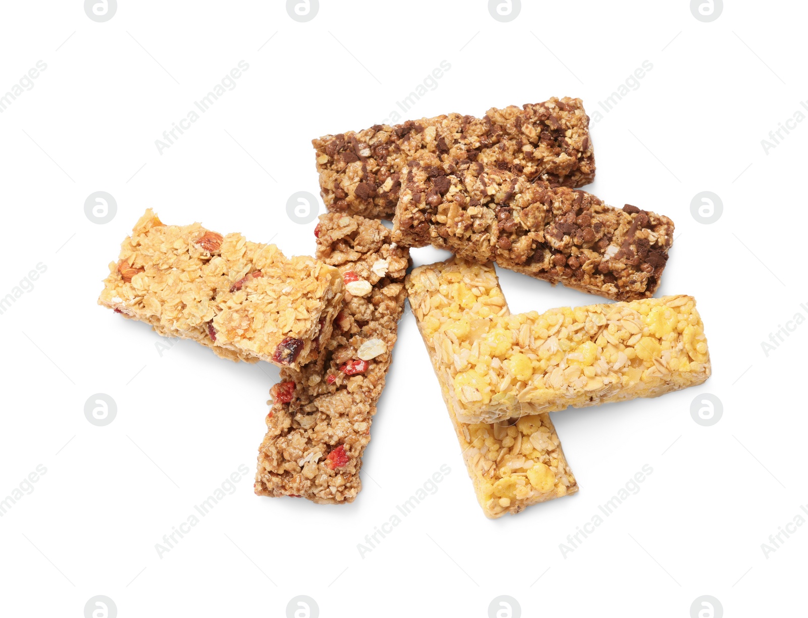 Photo of Different tasty granola bars isolated on white, above view