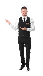 Photo of Full length portrait of happy receptionist in uniform on white background