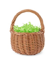 Photo of Easter wicker basket with decorated grass isolated on white