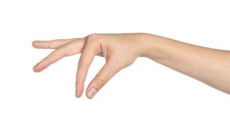 Photo of Woman holding something on white background, closeup of hand