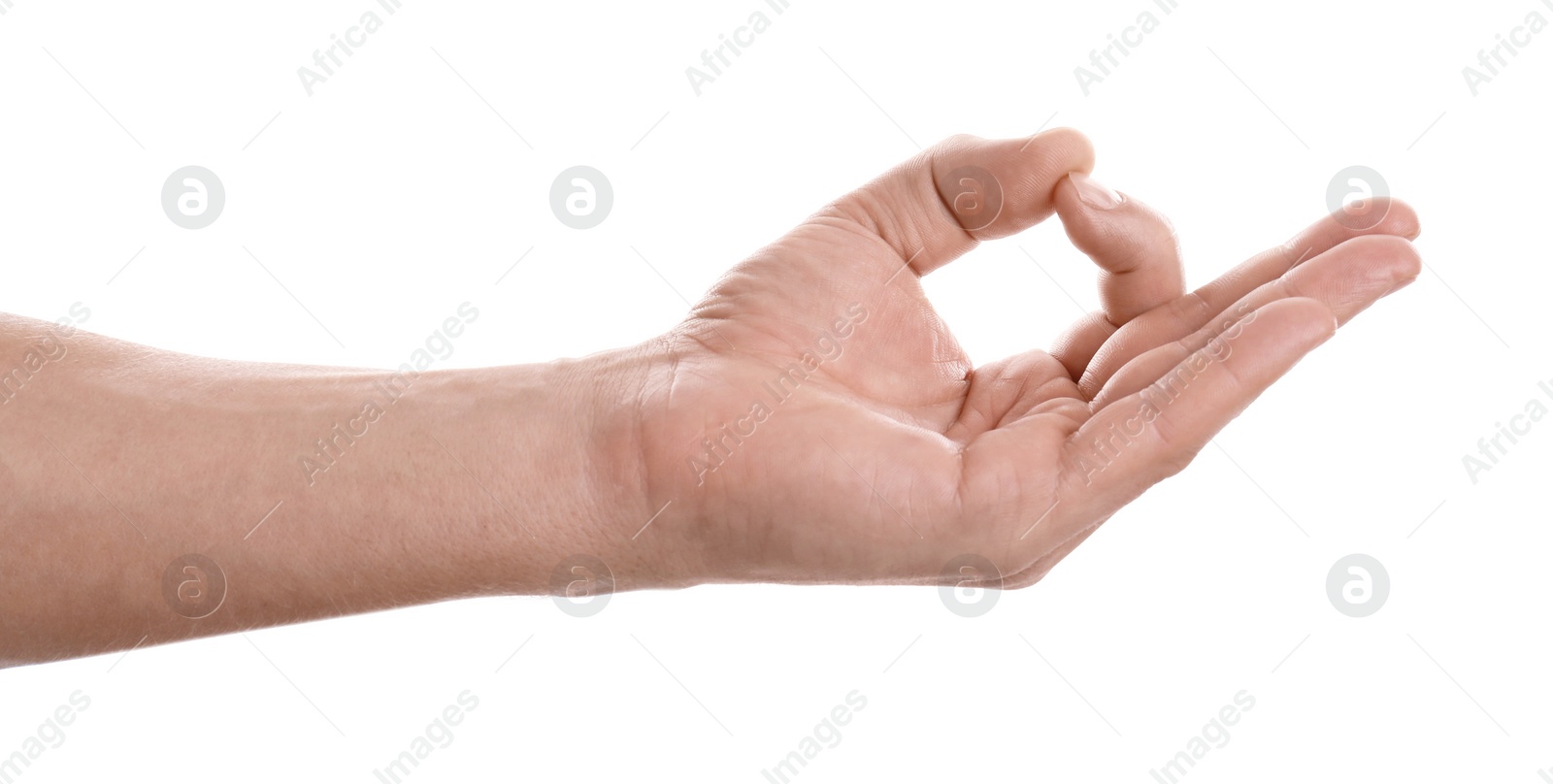 Photo of Man showing mudra on white background, closeup of hand