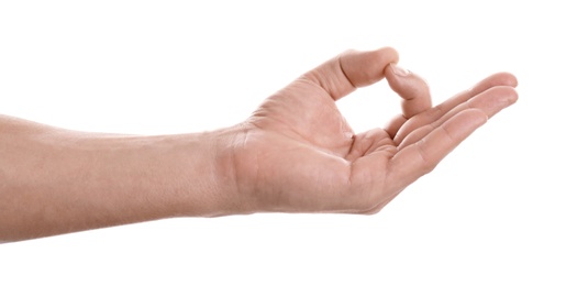 Photo of Man showing mudra on white background, closeup of hand