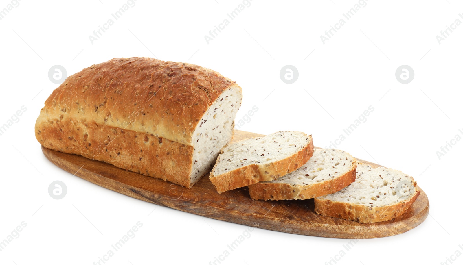 Photo of Freshly baked cut sourdough bread isolated on white