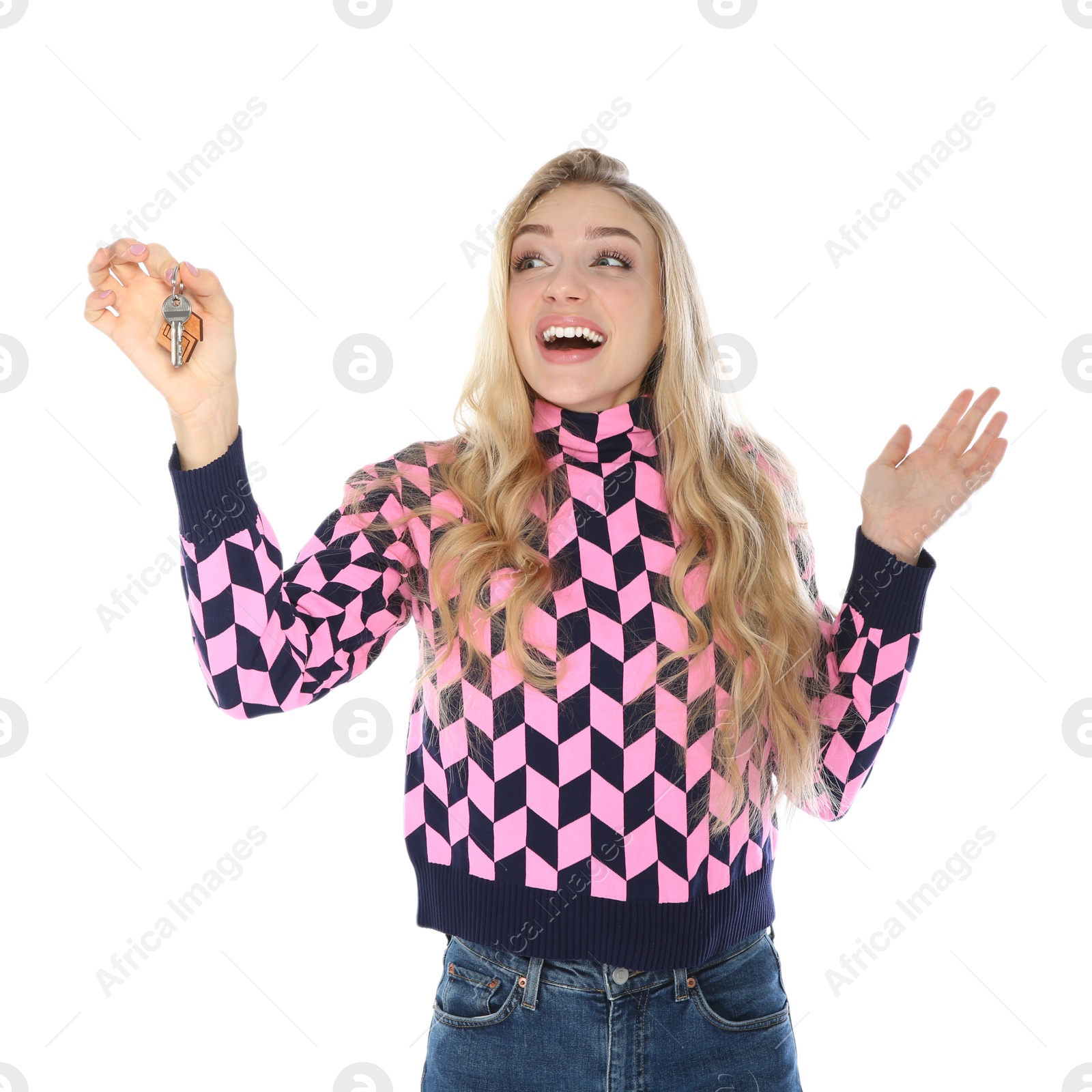 Photo of Happy young woman with house key on white background