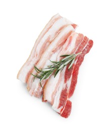 Photo of Pieces of raw pork belly and rosemary isolated on white, top view