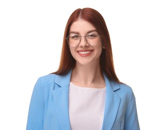 Portrait of smiling businesswoman on white background