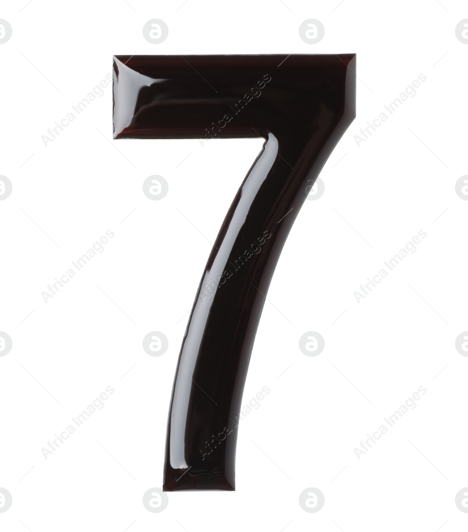 Photo of Chocolate number 7 on white background, top view