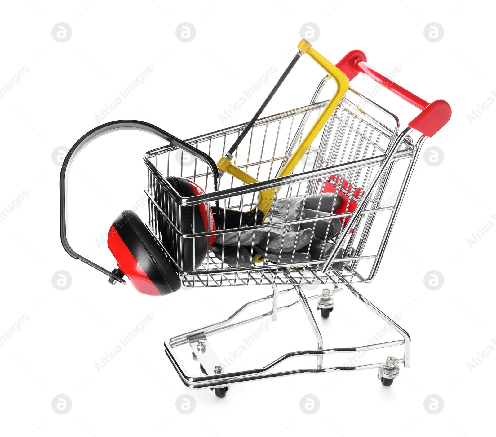 Photo of Small shopping cart with hacksaw, gloves and headphones isolated on white